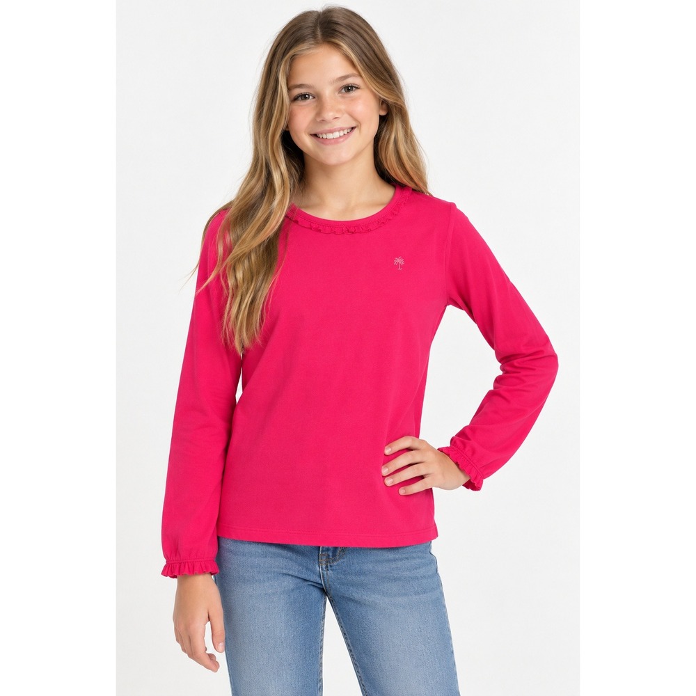 Lilly Pulitzer Girls Pink Ruffle Neck Long Sleeve Cotton Palm Tree Top XL 12-14